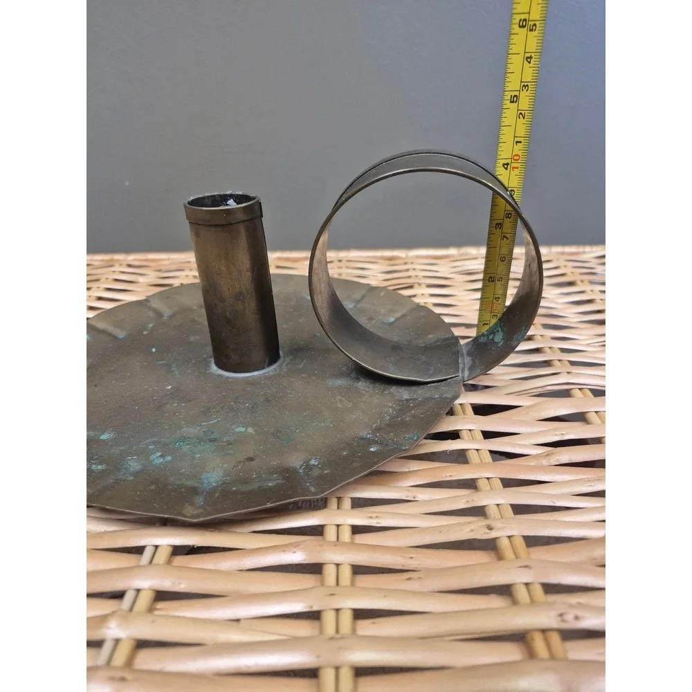 Vintage Large Brass Chamberstick Candle Holder Loop Handle Patina Taper 10.5